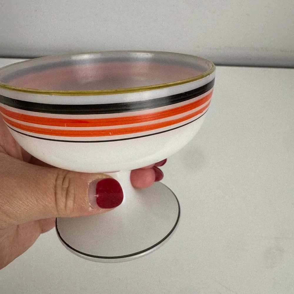 Vtg Platonite MCM Dessert Bowls Red Black Gold Striped Footed Sherbet Set of 2‎